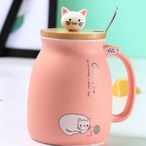 แก้วกาแฟรูปแมวพร้อมฝาปิดและช้อน